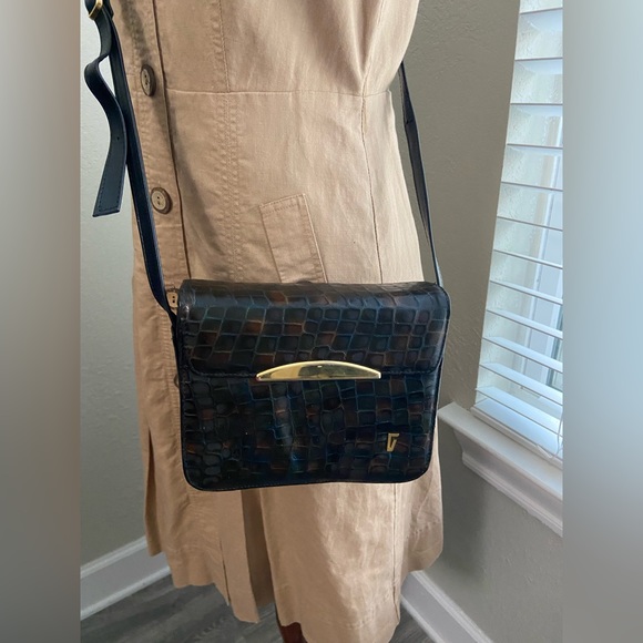 Vintage Franco Visconti Snake Print Leather Crossbody Handbag Purse Gold Tone - Picture 7 of 15